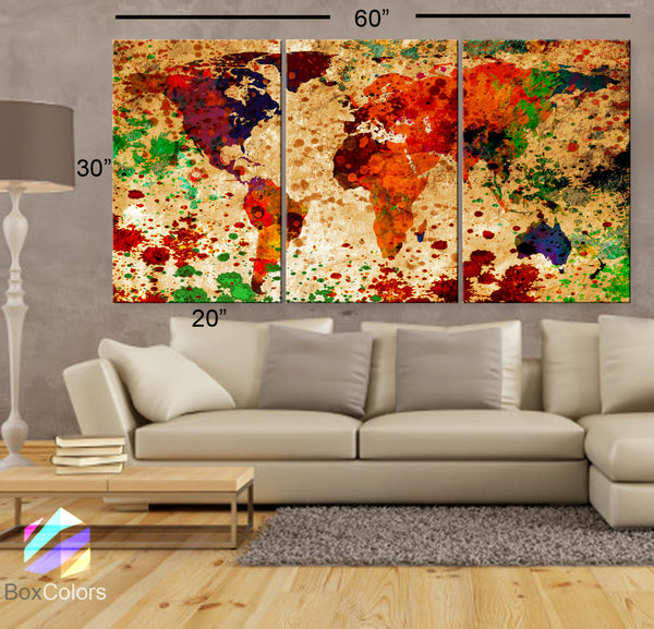 LARGE 30"x 60" 3 Panels Art Canvas Print World Map Original Texture Watercolor Abstract Wall interior design Home Office (framed 1.5" depth) - BoxColors