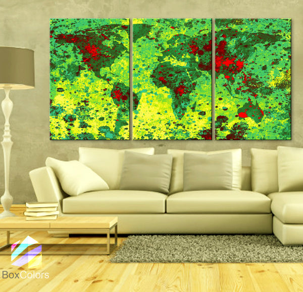 LARGE 30"x 60" 3 Panels Art Canvas Print World Map Texture Abstract Paint Yellow Green Red Wall interior design Home (framed 1.5" depth) - BoxColors