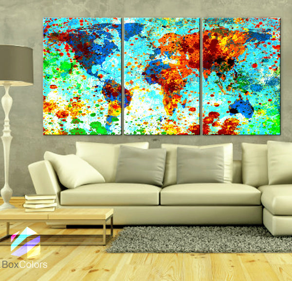 LARGE 30"x 60" 3 Panels Art Canvas Print World Map Texture Abstract Paint Blue Green Red Yellow Wall interior decor Home (framed 1.5" depth) - BoxColors