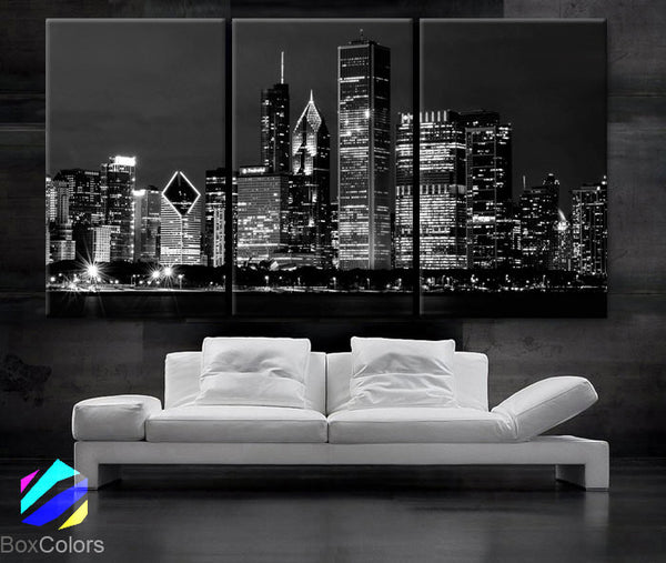 LARGE 30"x 60" 3 Panels Art Canvas Print Beautiful Chicago skyline at night light buildings Wall Home - BoxColors