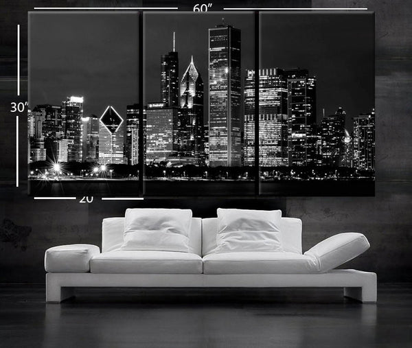 LARGE 30"x 60" 3 Panels Art Canvas Print Beautiful Chicago skyline at night light buildings Wall Home - BoxColors