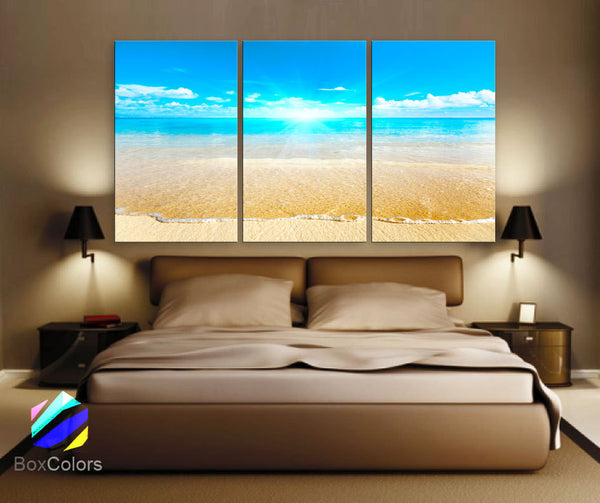 LARGE 30"x 60" 3 Panels Art Canvas Print Sunset Sea Beach Blue Turquesa Wall decorative home room interior  (Included framed 1.5" depth) - BoxColors