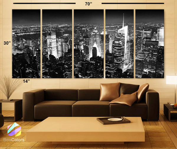 XLARGE 30"x 70" 5 Panels Art Canvas Print Downtown Manhattan skyline at night Black & White Wall Home Office decor (framed 1.5" depth) - BoxColors