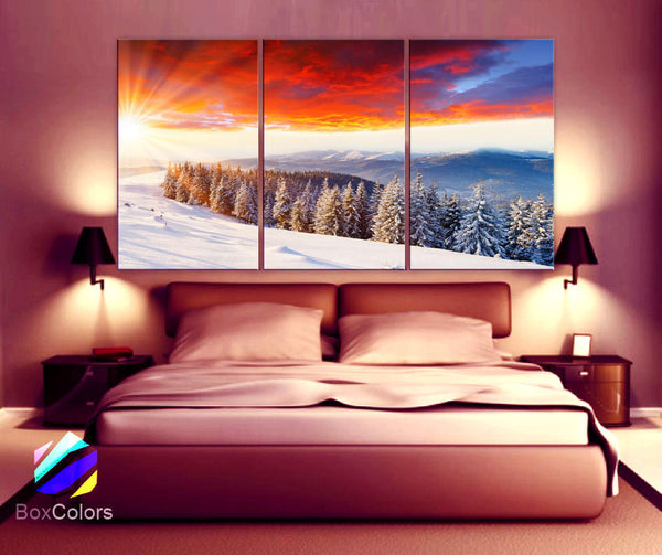 LARGE 30"x 60" 3 Panels Art Canvas Print Snow Mountain Winter light rays nature tree Wall Home Decor interior (Included framed 1.5" depth) - BoxColors