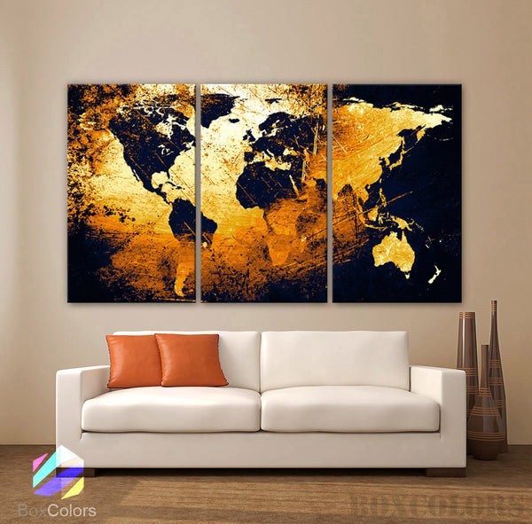 LARGE 30"x 60" 3 Panels Art Canvas Print World Map Abstract Orange Yellow Black Wall Decor interior design Home Office (framed 1.5" depth) - BoxColors