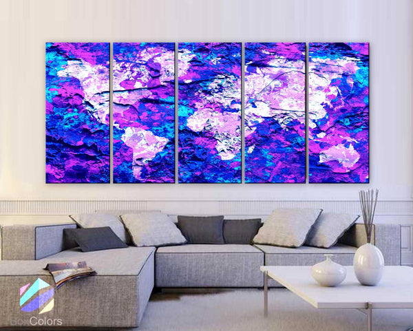 XLARGE 30"x 70" 5 Panels Art Canvas Print Original Map world concrete paint Blue Purple Wall decor Home Office interior (framed 1.5" depth) - BoxColors