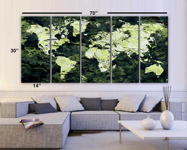 XLARGE 30"x 70" 5 Panels Art Canvas Print Original Map world concrete paint Dark Green Wall decor Home Office interior (framed 1.5" depth) - BoxColors