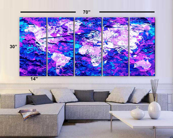 XLARGE 30"x 70" 5 Panels Art Canvas Print Original Map world concrete paint Blue Purple Wall decor Home Office interior (framed 1.5" depth) - BoxColors