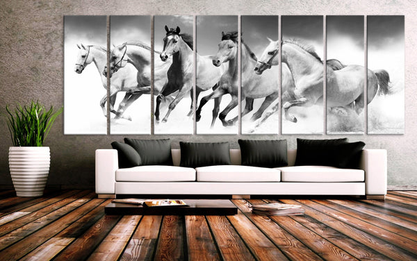 XXLARGE 30"x 96" 8 Panels Art Canvas Print beautiful Horses Black & White Wall Home Office Decor interior (Included framed 1.5" depth) - BoxColors