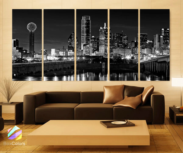 XLARGE 30"x 70" 5 Panels Art Canvas Print beautiful Dallas tx Skyline Black & White Wall Home (Included framed 1.5" depth) - BoxColors