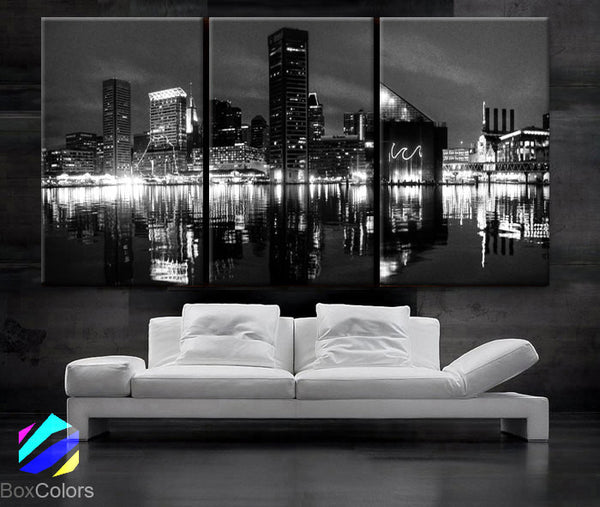 LARGE 30"x 60" 3 Panels Art Canvas Print Beautiful Baltimore skyline at night light buildings Wall Home (Included framed 1.5" depth) - BoxColors