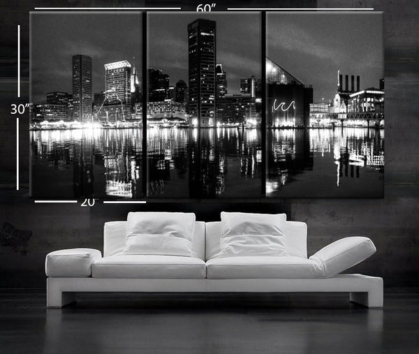 LARGE 30"x 60" 3 Panels Art Canvas Print Beautiful Baltimore skyline at night light buildings Wall Home (Included framed 1.5" depth) - BoxColors