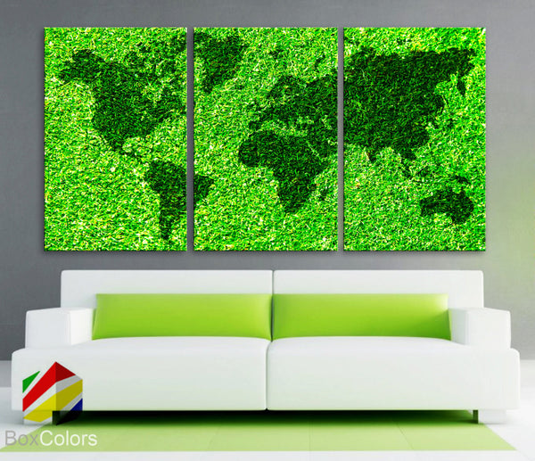 LARGE 30"x 60" 3 Panels Art Canvas Print Original world Map Green Grass Texture Wall decor Home Office interior(framed 1.5" depth) - BoxColors