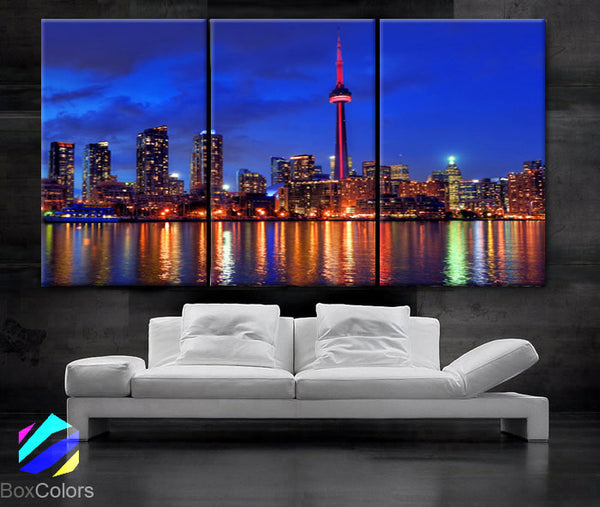 LARGE 30"x 60" 3 Panels Art Canvas Print Toronto Canada Skyline night light Downtown bridge Wall Home decor interior (framed 1.5" depth) - BoxColors
