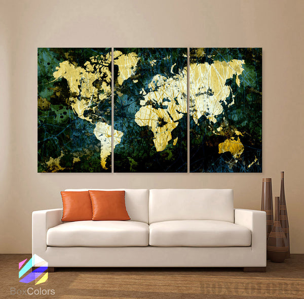 LARGE 30"x 60" 3 Panels Art Canvas Print World Map Texture Abstract Green Blue Yellow Wall Decor office  Home (Included framed 1.5" depth) - BoxColors