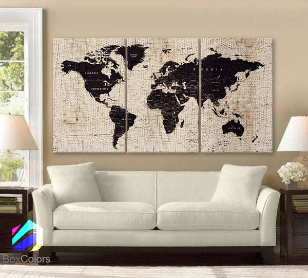 LARGE 30"x60" 3 Panels Art Canvas Texture Print Map World  Cities Push Pin Travel Wall Brown beige decor Home interior - BoxColors