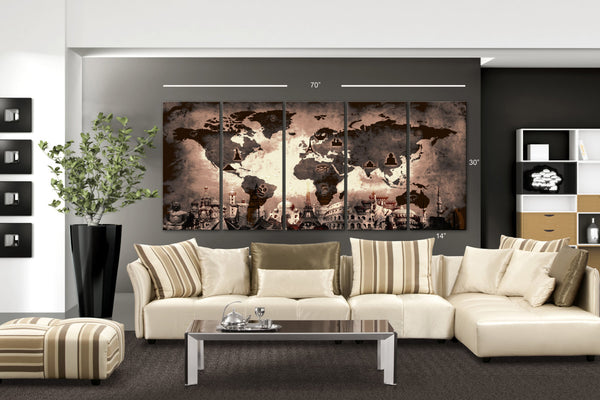 XLARGE 30"x 70" 5 Panels Art Canvas Print Original Wonders of the world Old Map Brown Sepia Wall decor Home interior (framed 1.5" depth) - BoxColors