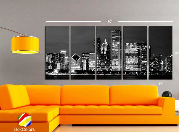 XLARGE 30"x 70" 5 Panels Art Canvas Print beautiful Chicago Skyline night Black & White Wall Home office decor interior ( framed 1.5" depth) - BoxColors