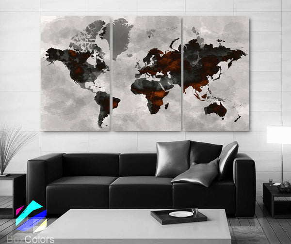 LARGE 30"x 60" 3 Panels Art Canvas Print Watercolor Map color black gray light gray Wall decor Home Office interior (framed 1.5" depth) - BoxColors