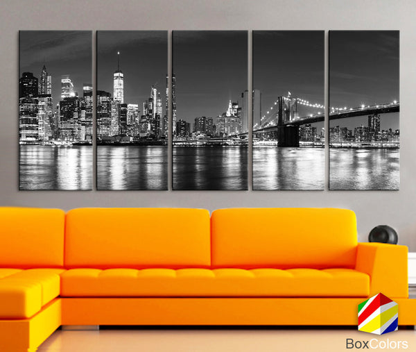 XLARGE 30"x70" 5 Panels Art Canvas Print Manhattan Skyline bridge night NY Downtown Black White Wall Home decor interior (framed 1.5"depth) - BoxColors