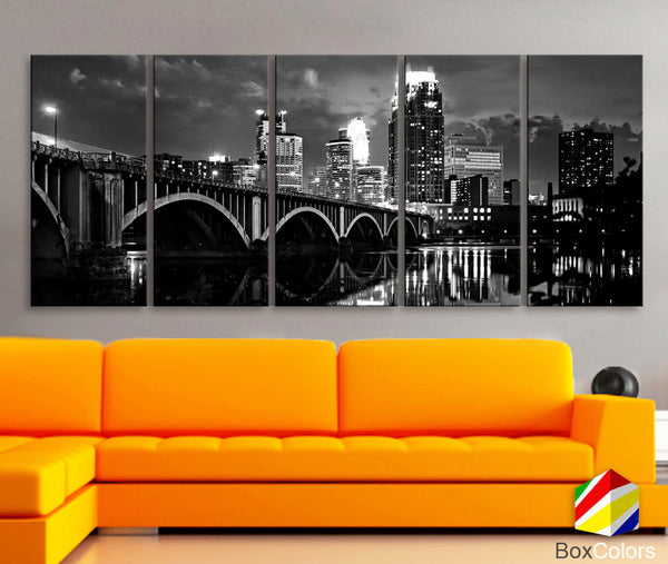 XLARGE 30"x70" 5 Panels Art Canvas Print Minnesota Skyline bridge night River Black White Wall Home Office decor interior (framed 1.5"depth) - BoxColors