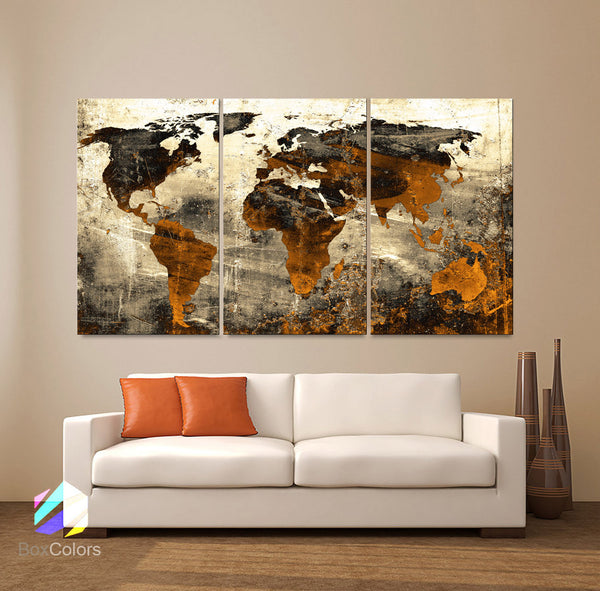 LARGE 30"x 60" 3 Panels Art Canvas Print World Map Abstract background Texture Metal Wall Decor Home Office (Included framed 1.5" depth) - BoxColors