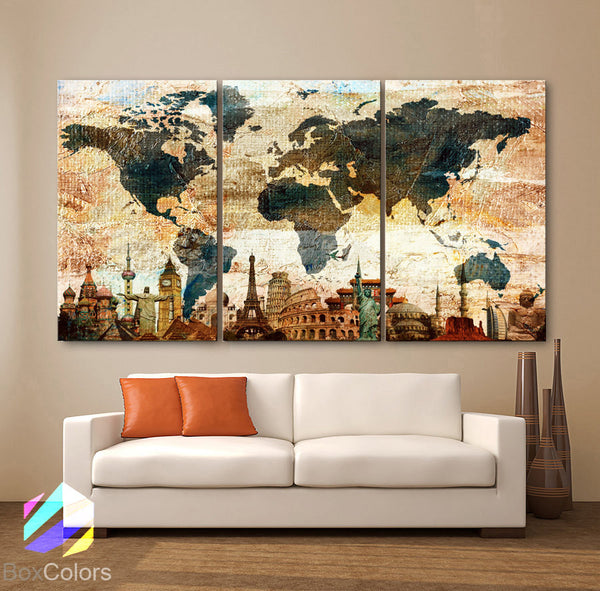 LARGE 30"x 60" 3 Panels Art Canvas Print Original Wonders world Map Texture Rustic Wall decor Home interior (Included framed 1.5" depth) - BoxColors