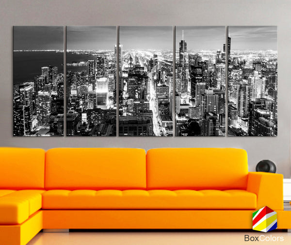 XLARGE 30"x 70" 5 Panels Art Canvas Print Chicago Aerial Skyline night Downtown Black & White Wall Home decor interior ( framed 1.5" depth) - BoxColors