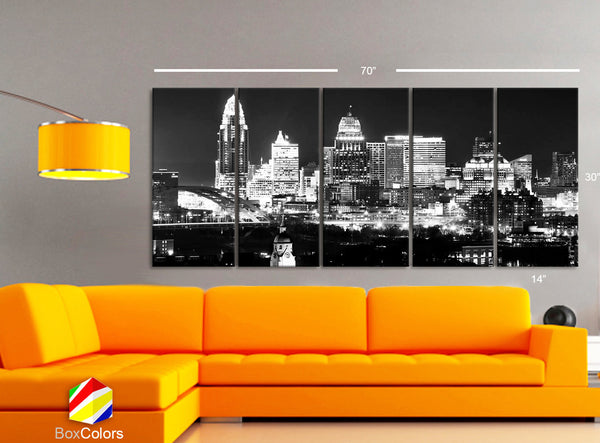 XLARGE 30"x 70" 5 Panels Art Canvas Print Cincinnati City night light Downtown Skyline Black & White Wall Home  decor (framed 1.5" depth) - BoxColors