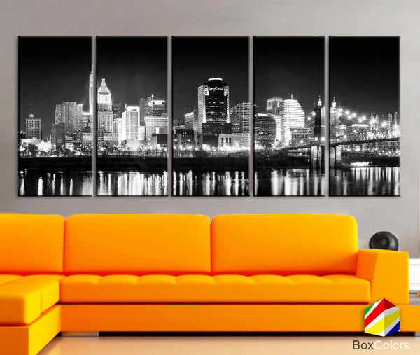 XLARGE 30"x 70" 5 Panels Art Canvas Print Cincinnati bridge night light Downtown Skyline Black & White Wall Home  decor (framed 1.5" depth) - BoxColors