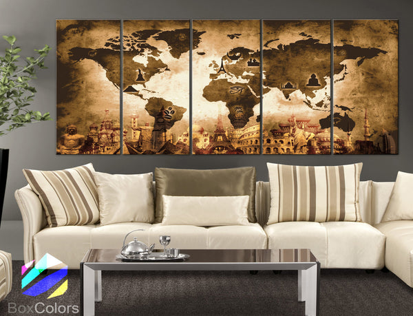 XLARGE 30"x 70" 5 Panels Art Canvas Print Original Wonders of the world Old Map Brown Yellow Wall decor Home interior (framed 1.5" depth) - BoxColors