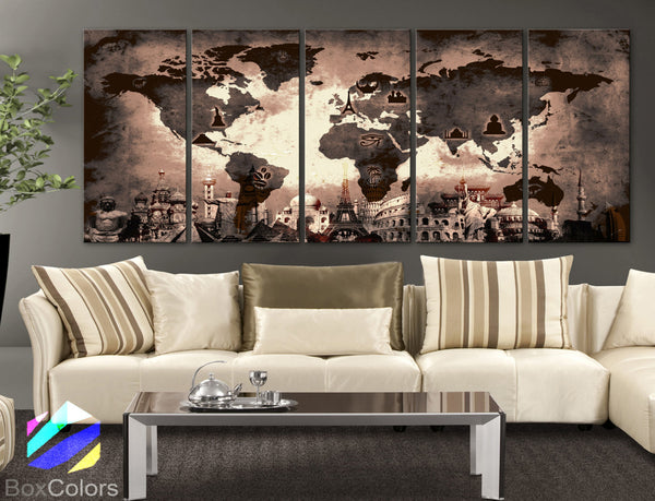 XLARGE 30"x 70" 5 Panels Art Canvas Print Original Wonders of the world Old Map Brown Sepia Wall decor Home interior (framed 1.5" depth) - BoxColors