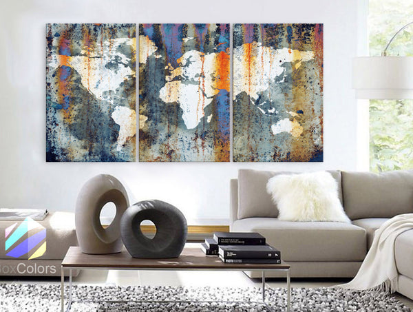 LARGE 30"x 60" 3 Panels Art Canvas Print World Map Texture Abstract Orange light blue Wall  Decor home office interior (framed 1.5" depth) - BoxColors