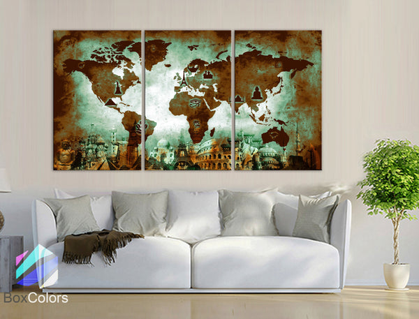 LARGE 30"x 60" 3 Panels Art Canvas Print Original Wonders of the world Old Paper Map Green Wall decor Home interior (framed 1.5" depth) - BoxColors