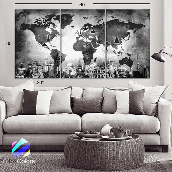 LARGE 30"x 60" 3 Panels Art Canvas Print Original Wonders of the world Old Map Black & White Wall decor Home interior (framed 1.5" depth) - BoxColors