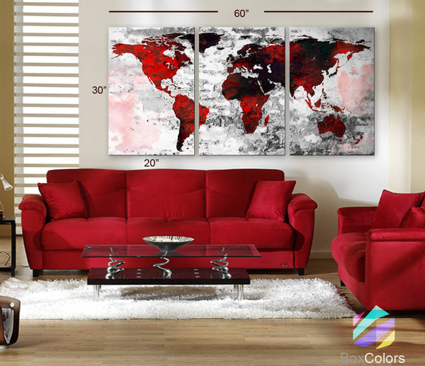 LARGE 30"x 60" 3 Panels Art Canvas Print Watercolor Texture Map Old brick Wall color red black white decor Home interior (framed 1.5" depth) - BoxColors
