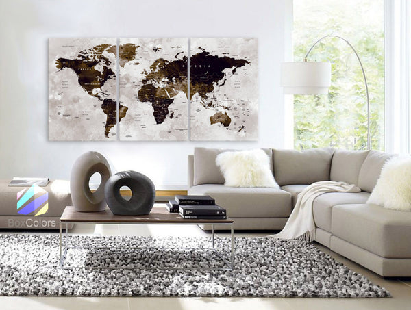 LARGE 30"x 60" 3 Panels Art Canvas Print Watercolor Map World Push Pin Travel Wall color Brown beige decor Home interior (framed 1.5" depth) - BoxColors