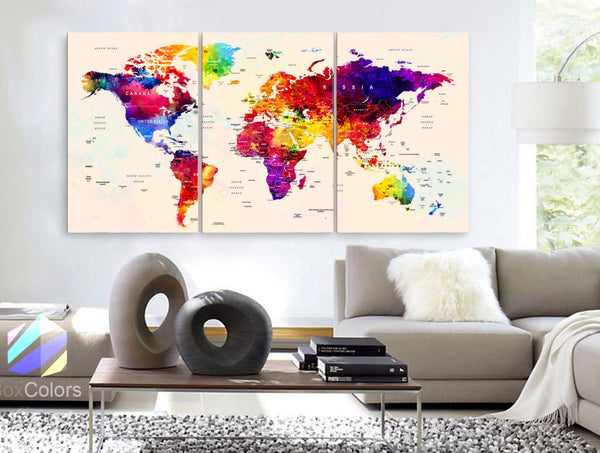 LARGE 30"x 60" 3 Panels Art Canvas Print Watercolor Map World Push Pin Travel cities Wall beige background decor Home  (framed 1.5" depth) - BoxColors