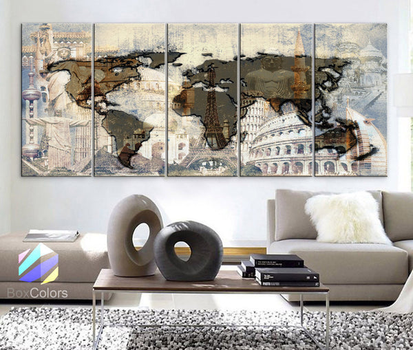 XLARGE 30"x 70" 5 Panels Art Canvas Print Original Big Wonders of the world Texture Map travel Wall decor Home interior (framed 1.5" depth) - BoxColors