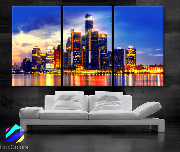 LARGE 30"x 60" 3 Panels Art Canvas Print beautiful Detroit Skyline Fullcolors Wall Home office decor  interior (Included framed 1.5" depth) - BoxColors