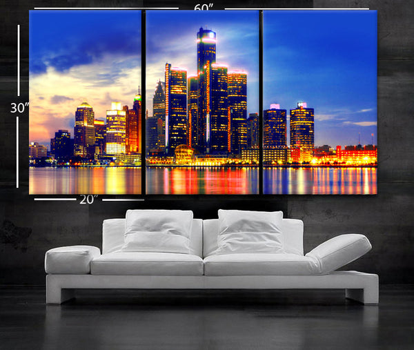 LARGE 30"x 60" 3 Panels Art Canvas Print beautiful Detroit Skyline Fullcolors Wall Home office decor  interior (Included framed 1.5" depth) - BoxColors