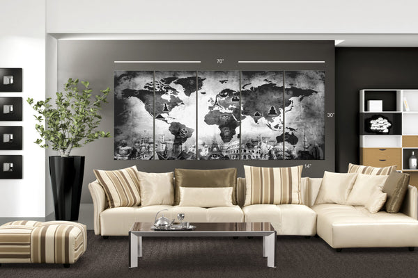 XLARGE 30"x 70" 5 Panels Art Canvas Print Original Wonders of the world Old Map Black & White Wall decor Home interior (framed 1.5" depth) - BoxColors
