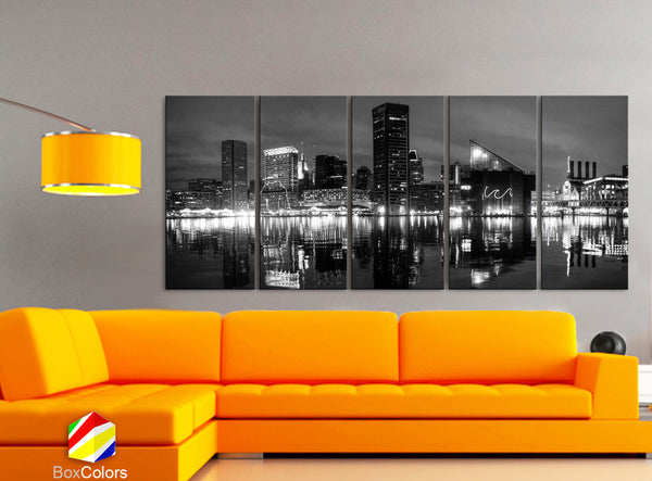 XLARGE 30"x 70" 5 Panels Art Canvas Print beautiful Baltimore Skyline night Black & White Wall Home Office decor ( framed 1.5" depth) - BoxColors