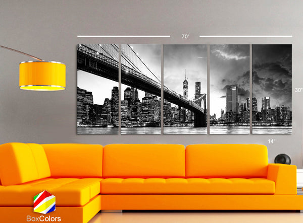 XLARGE 30"x 70" 5 Panels Art Canvas Print beautiful Brooklyn Bridge Skyline night New York Black & White Wall Home decor (framed 1.5" depth) - BoxColors