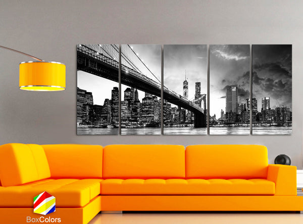 XLARGE 30"x 70" 5 Panels Art Canvas Print beautiful Brooklyn Bridge Skyline night New York Black & White Wall Home decor (framed 1.5" depth) - BoxColors