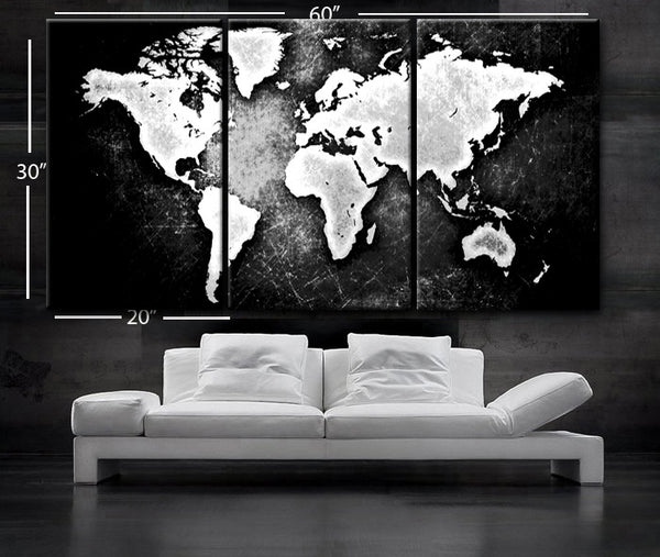LARGE 30"x 60" 3 Panels 30"x20" Ea Art Canvas Print World Map Black & White Contrast Wall Home Office decor interior (Included framed 1.5" depth) - BoxColors