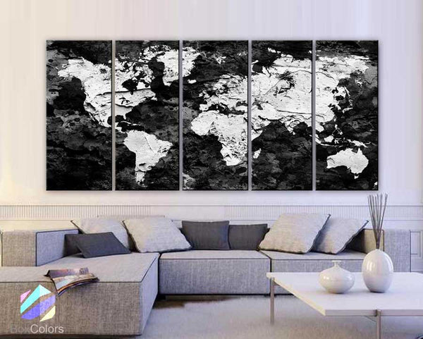 Xlarge 30"x 70" 5 Panels 30x14 Ea Art Canvas Print Original Map World Concrete Paint Black & White Wall Decor Home Interior (Framed 1.5" Depth) - BoxColors