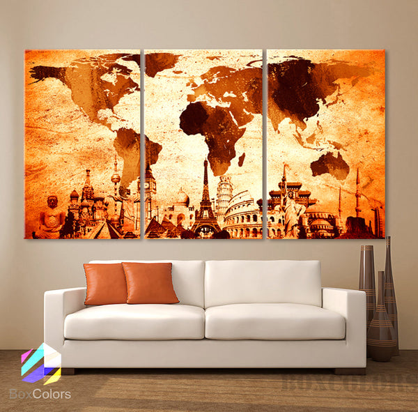 LARGE 30"x 60" 3 Panels 30"x20" Ea Art Canvas Print Original Wonders of the world Map Old Vintage Wall decor Home interior - BoxColors