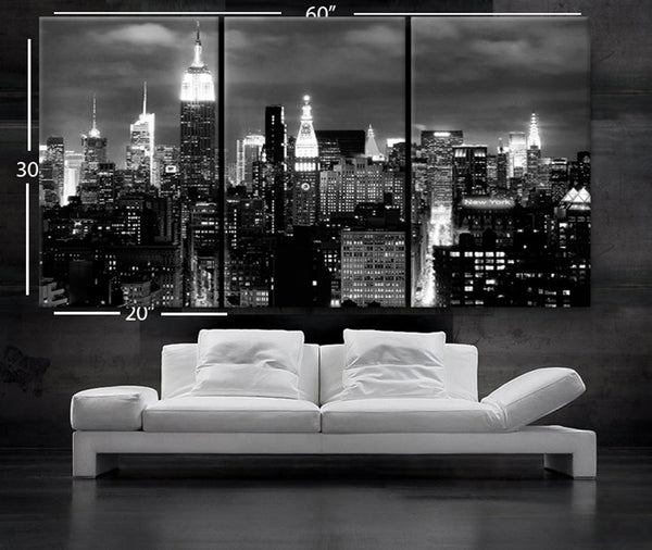 LARGE 30"x 60" 3 Panels Art Canvas Print beautiful New York City skyline Black & White Wall Home (Included framed 1.5" depth) - BoxColors