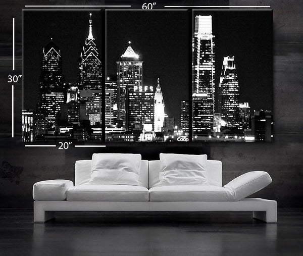 LARGE 30"x 60" 3 Panels Art Canvas Print Beautiful Philadelphia skyline light buildings Wall Home (Included framed 1.5" depth) - BoxColors